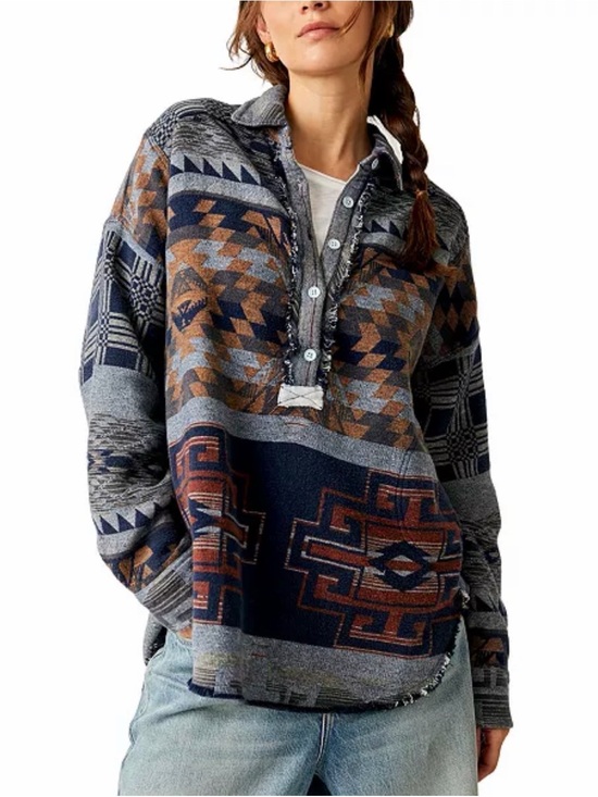 We The Free Tops - We The Free Arizona sky medium Aztec Button-Front Pullover in Navy, Gray & Brown